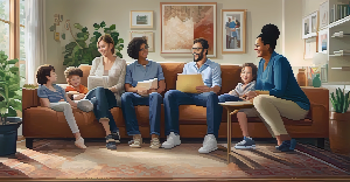 A teacher in a cozy living room discussing with family members, showing warmth and support, with sunlight filtering through the windows.