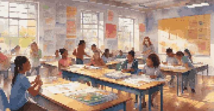 A colorful classroom filled with students working together on a science experiment, surrounded by educational posters and bright sunlight.