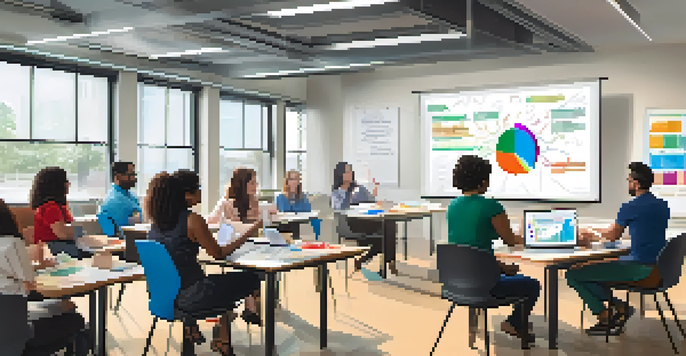 A bright classroom where diverse educators are engaged in a collaborative training session about learning analytics, with laptops and charts visible.