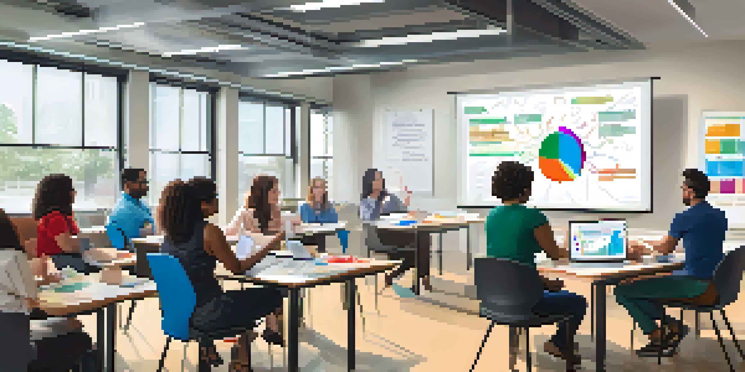 A bright classroom where diverse educators are engaged in a collaborative training session about learning analytics, with laptops and charts visible.