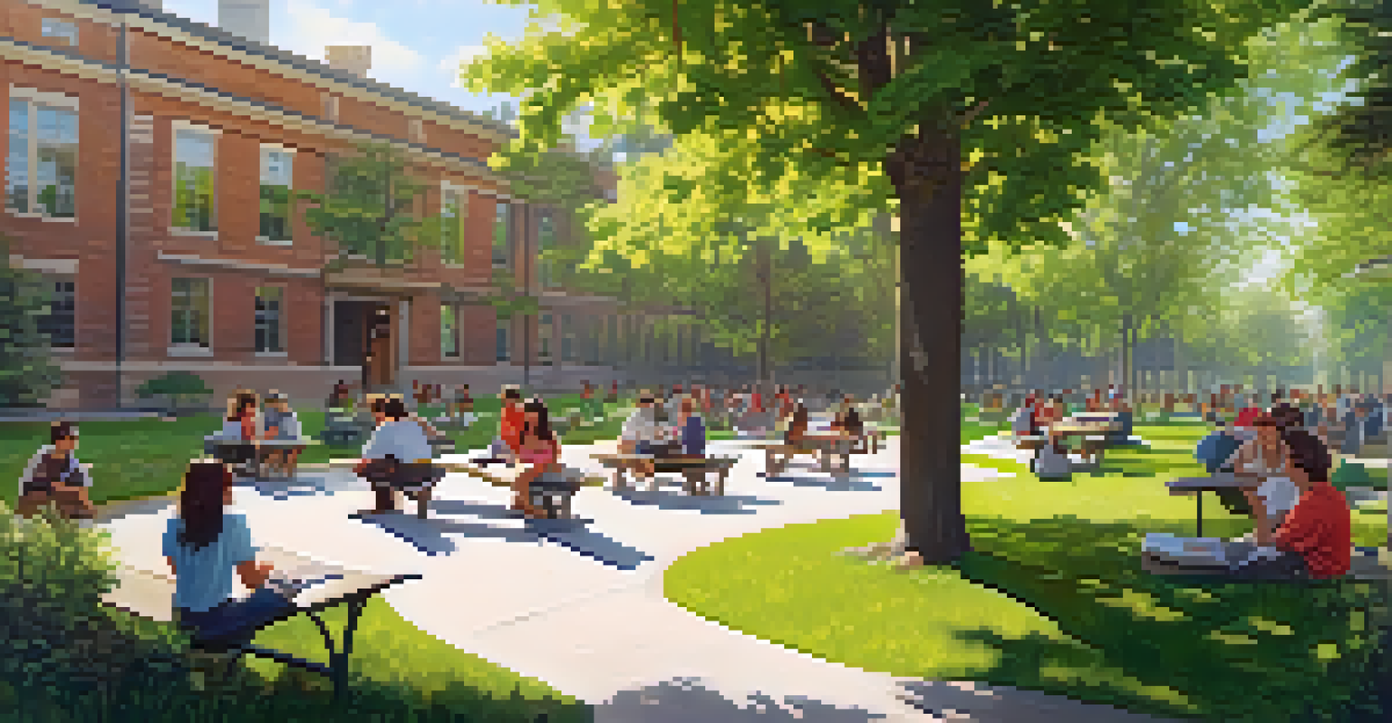 An outdoor learning area with students discussing among trees and flowers, creating a warm and inviting atmosphere.