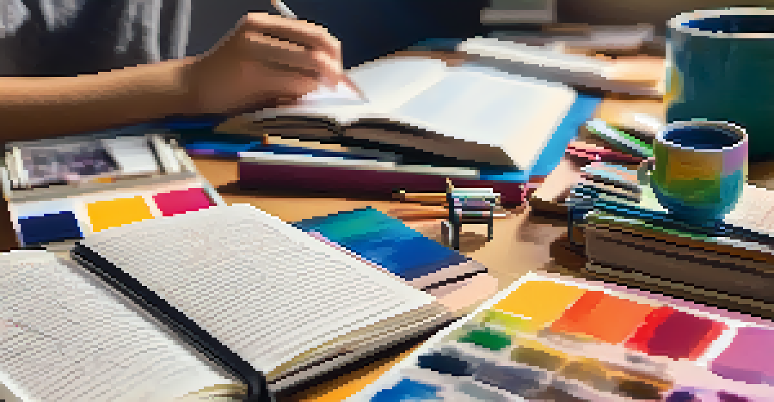 A student writing in a journal on a desk filled with art supplies, with warm lighting enhancing the cozy atmosphere.