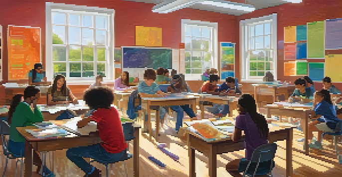 A classroom filled with diverse students collaborating on a project, surrounded by colorful posters and natural light.