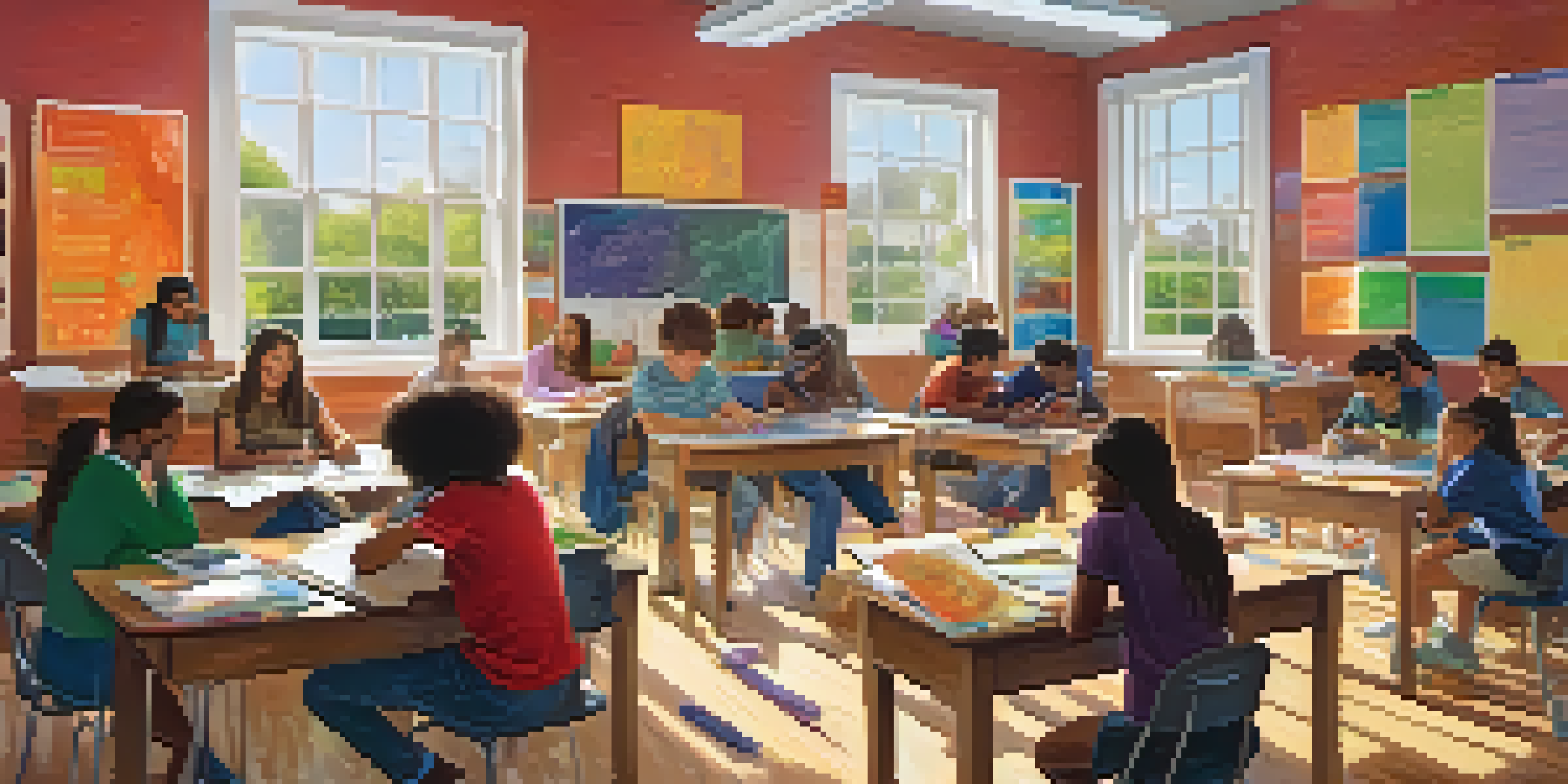 A classroom filled with diverse students collaborating on a project, surrounded by colorful posters and natural light.