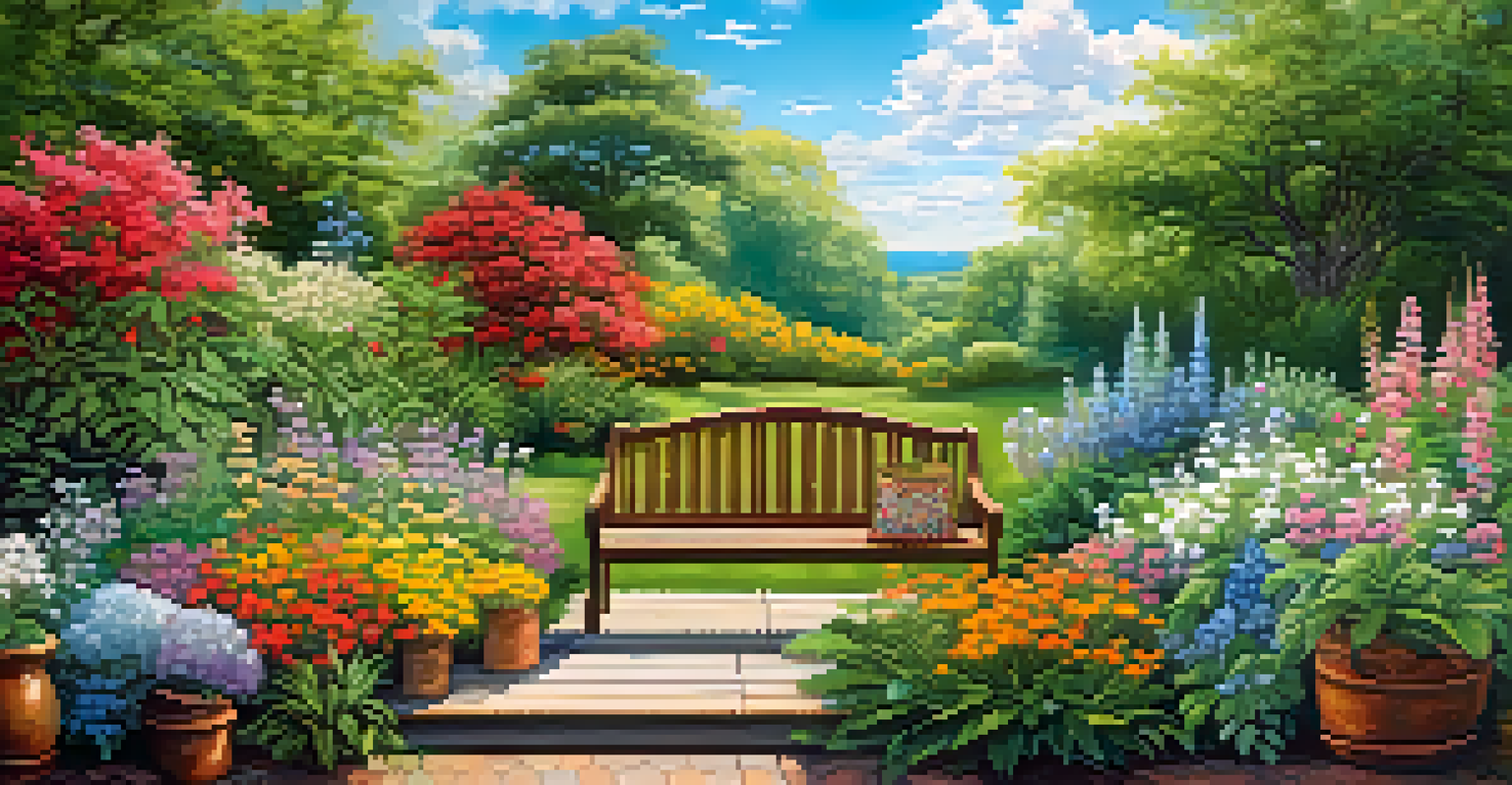 A colorful garden with various blooming flowers and a wooden bench under a blue sky.