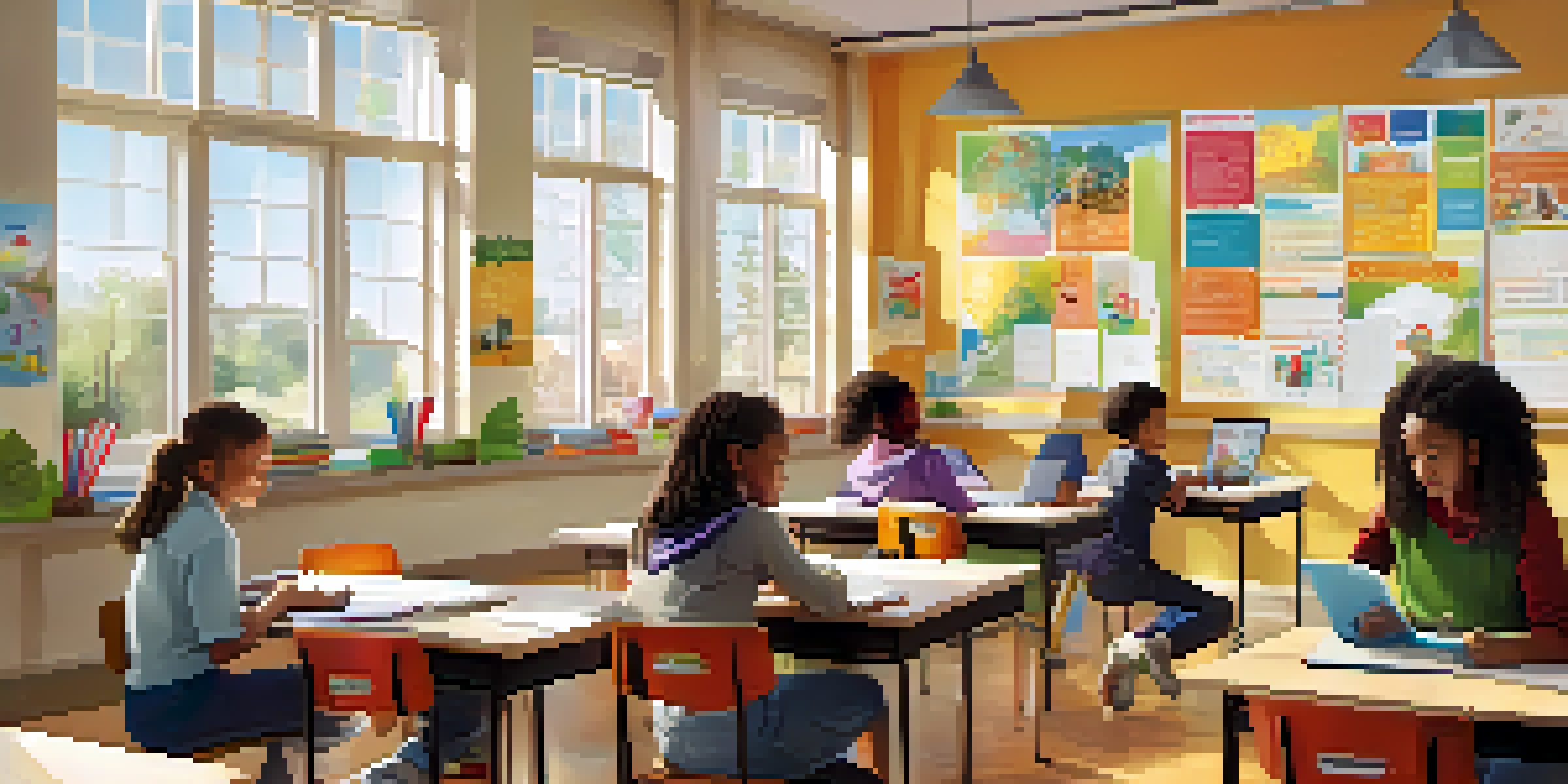 A diverse group of students in a bright classroom, using laptops and tablets for digital learning.