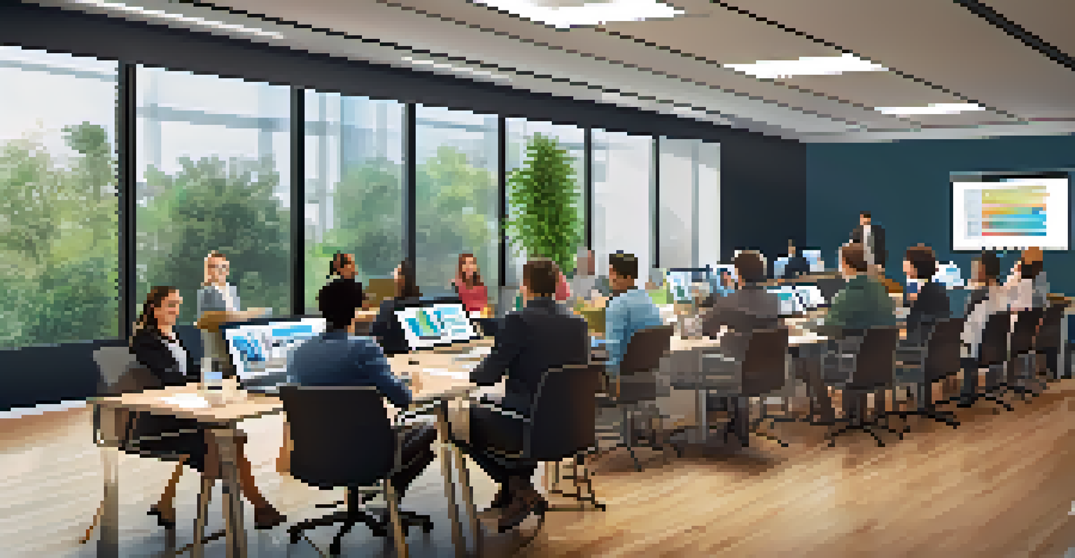 A diverse group of adults engaged in an online learning session at a conference table, with a video call on a large screen.
