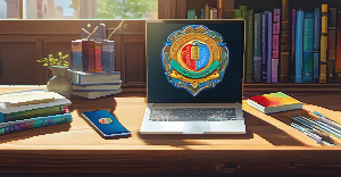 A bright digital badge on a wooden desk with books and a laptop, illuminated by soft natural light.