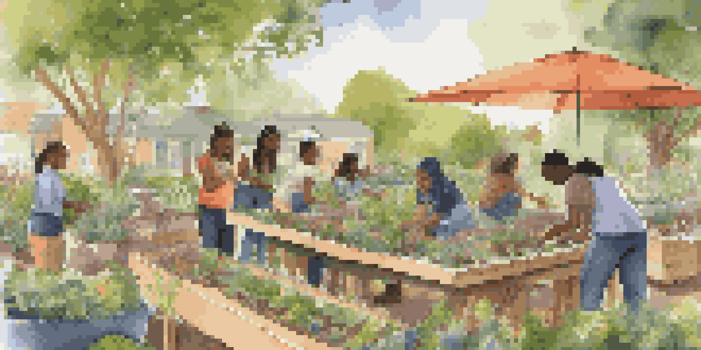 A diverse group of students participating in a sustainability workshop in a community garden, surrounded by greenery and flowers.