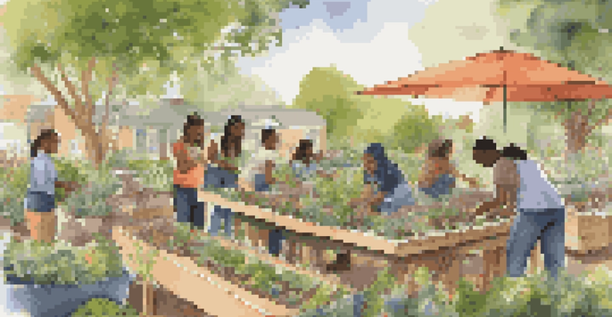 A diverse group of students participating in a sustainability workshop in a community garden, surrounded by greenery and flowers.