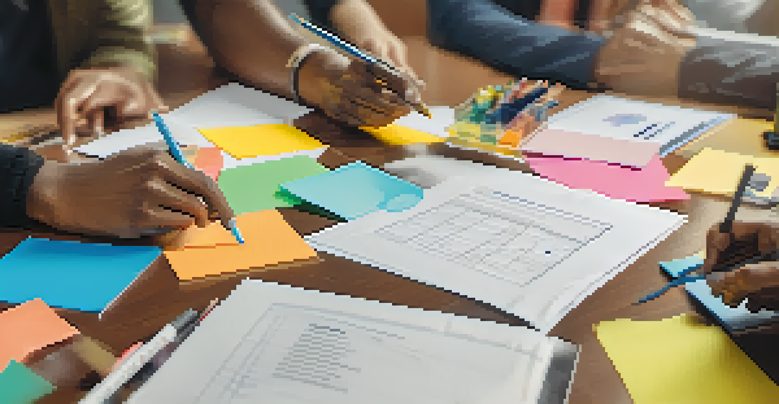Close-up of diverse hands collaborating on a project, with a blurred background of a vibrant workspace.