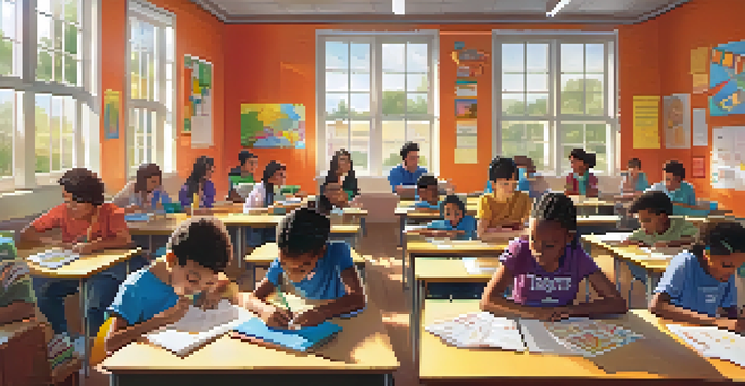 A lively classroom scene with diverse students collaborating on a gamification project, managing budgets and conducting experiments under soft natural light.