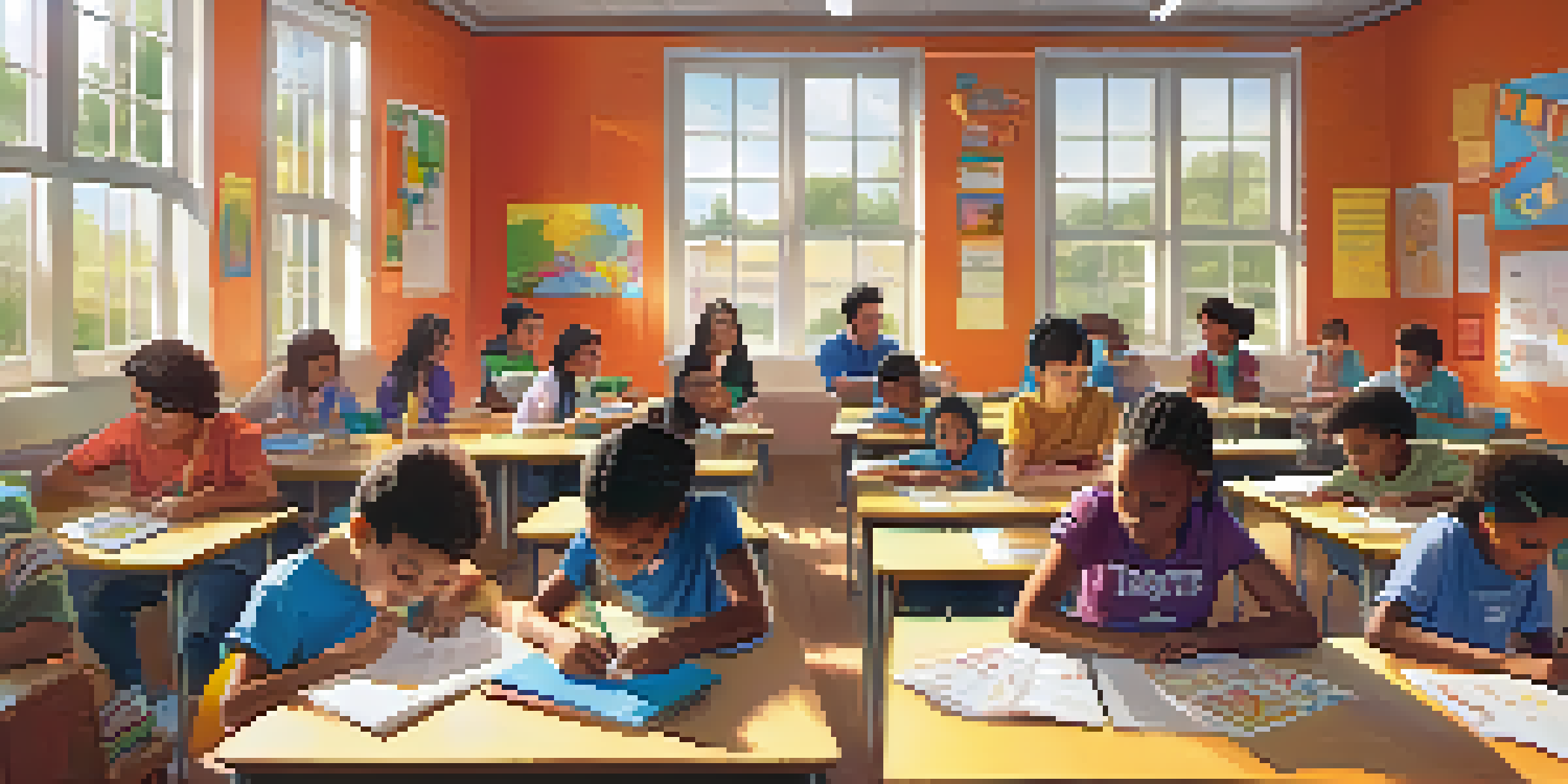 A lively classroom scene with diverse students collaborating on a gamification project, managing budgets and conducting experiments under soft natural light.