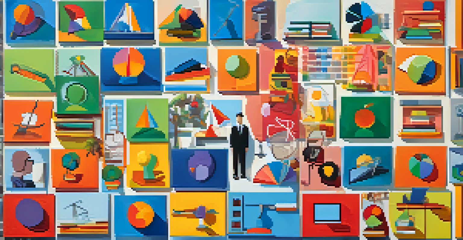 A colorful illustration representing different learning theories with icons for behaviorism, constructivism, cognitivism, and connectivism.