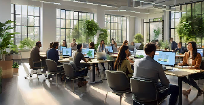 A diverse group of employees collaborating in a bright office during a learning session, with laptops and a projector.
