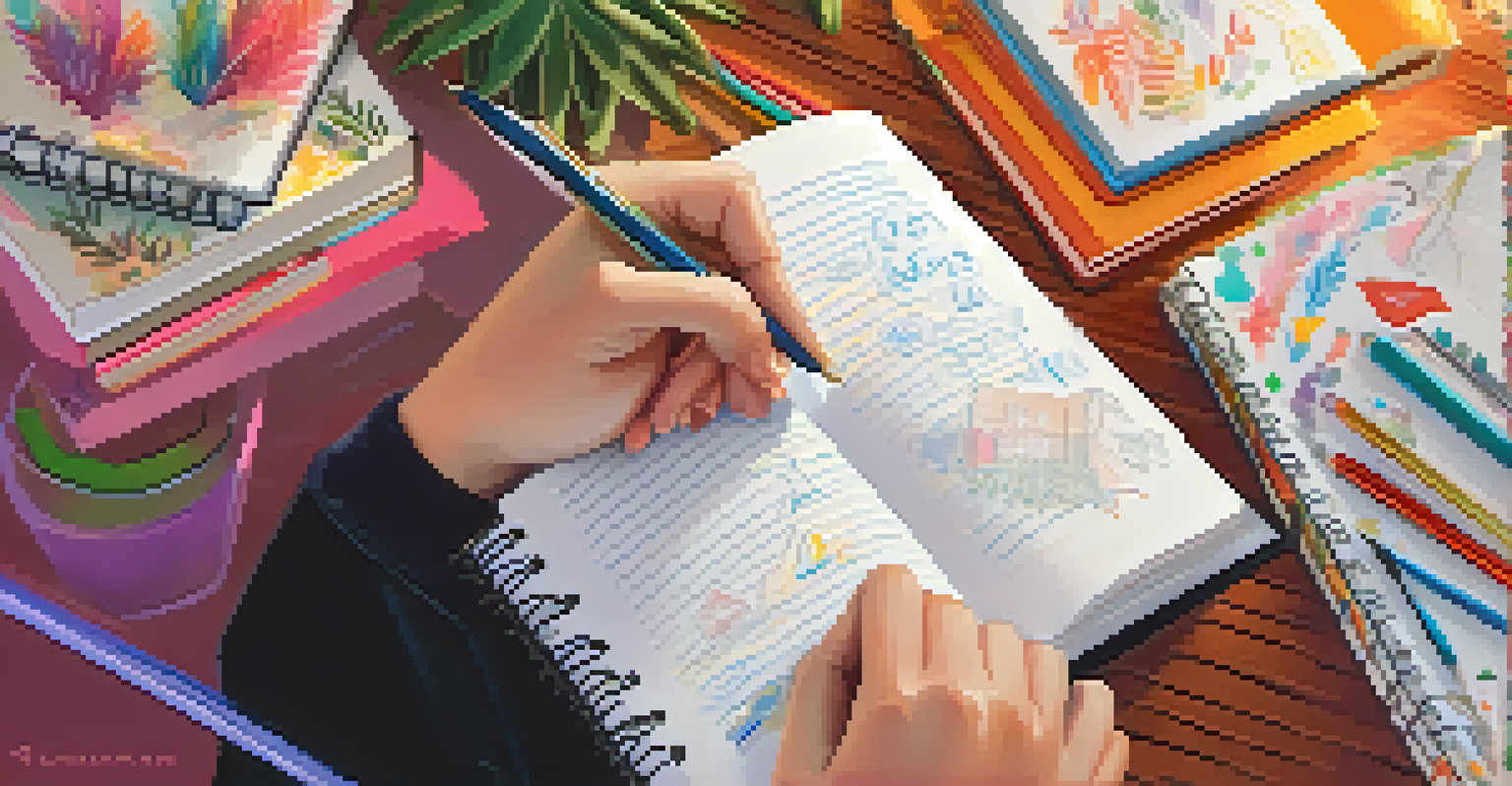 A student's hands writing in a journal with colorful stationery in a cozy study space.