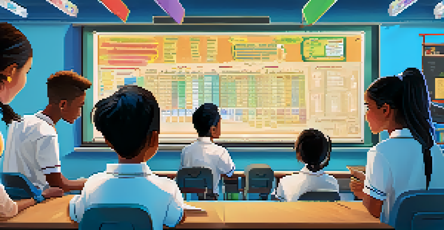Students in a classroom engaged in a math problem-solving game on a digital screen, celebrating their points.