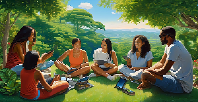 A diverse group of people discussing over digital devices in a beautiful natural landscape.