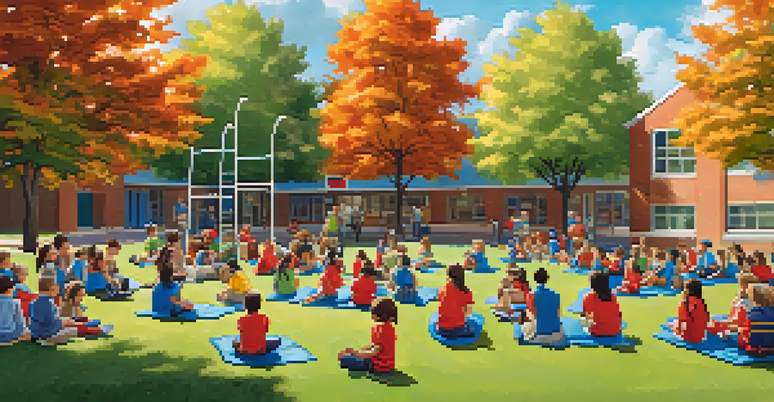 Students gathering in a playground for a safety drill, listening to teachers with safety gear in hand, surrounded by trees and a clear sky.