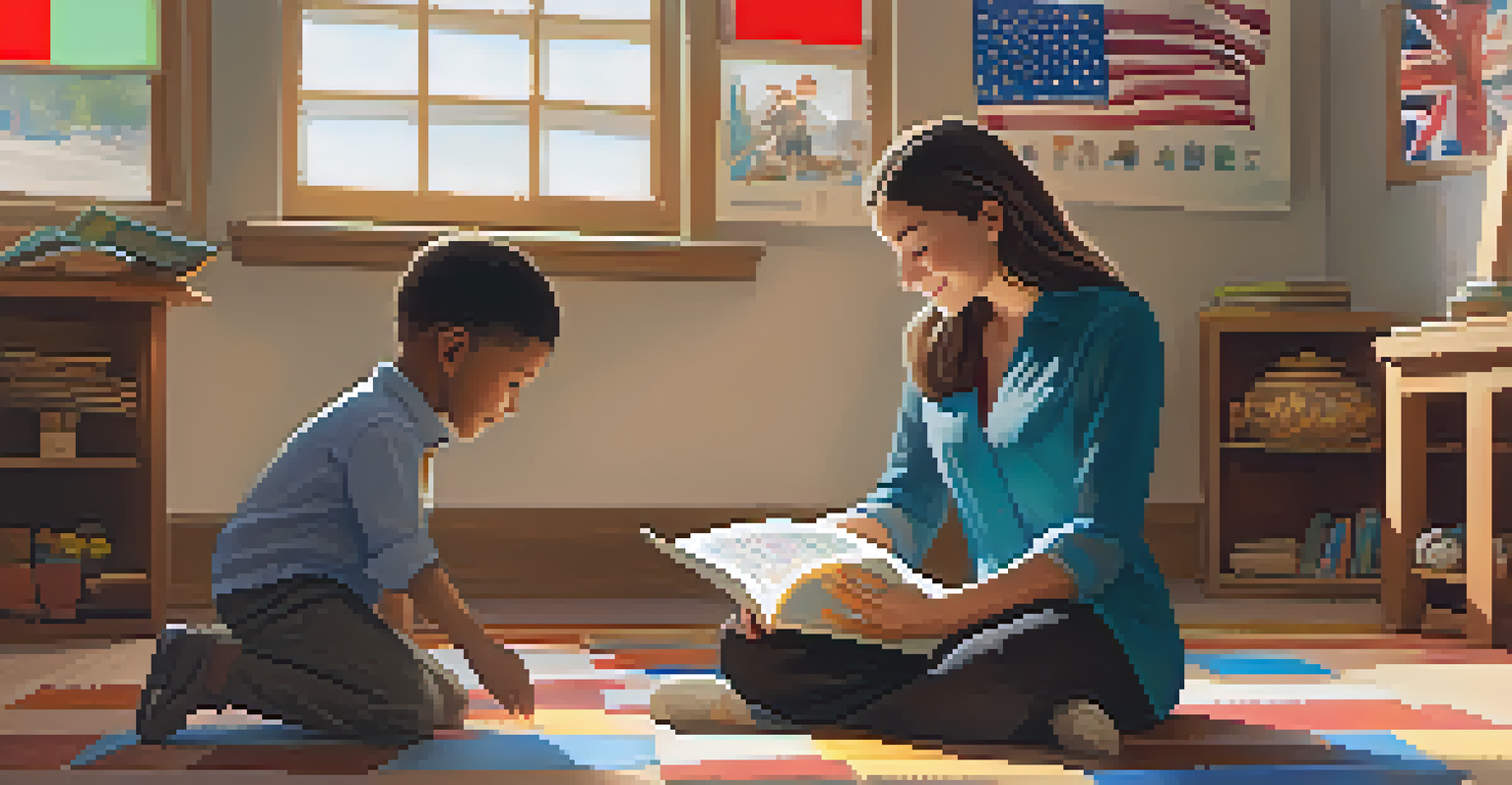 A teacher reading a multicultural storybook to a child in an engaging classroom filled with cultural decorations.