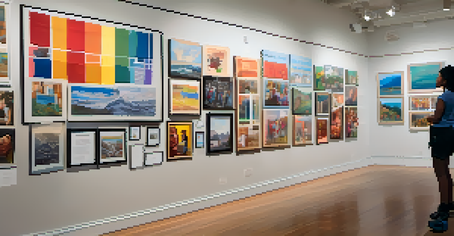 An art gallery showcasing student artwork focused on social justice themes, with visitors engaged in discussion.