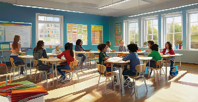 A diverse group of students working together in a colorful classroom with natural light.