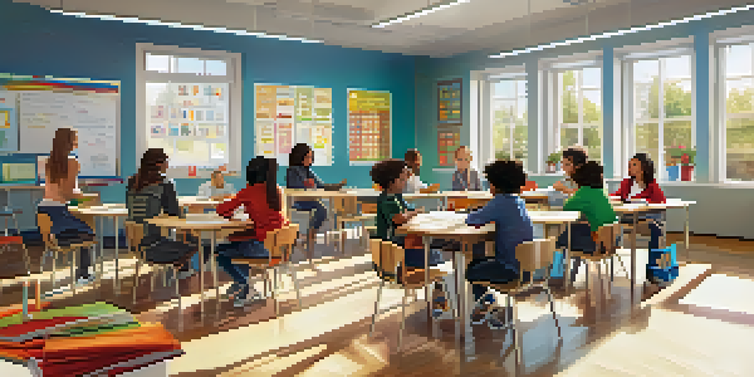 A diverse group of students working together in a colorful classroom with natural light.
