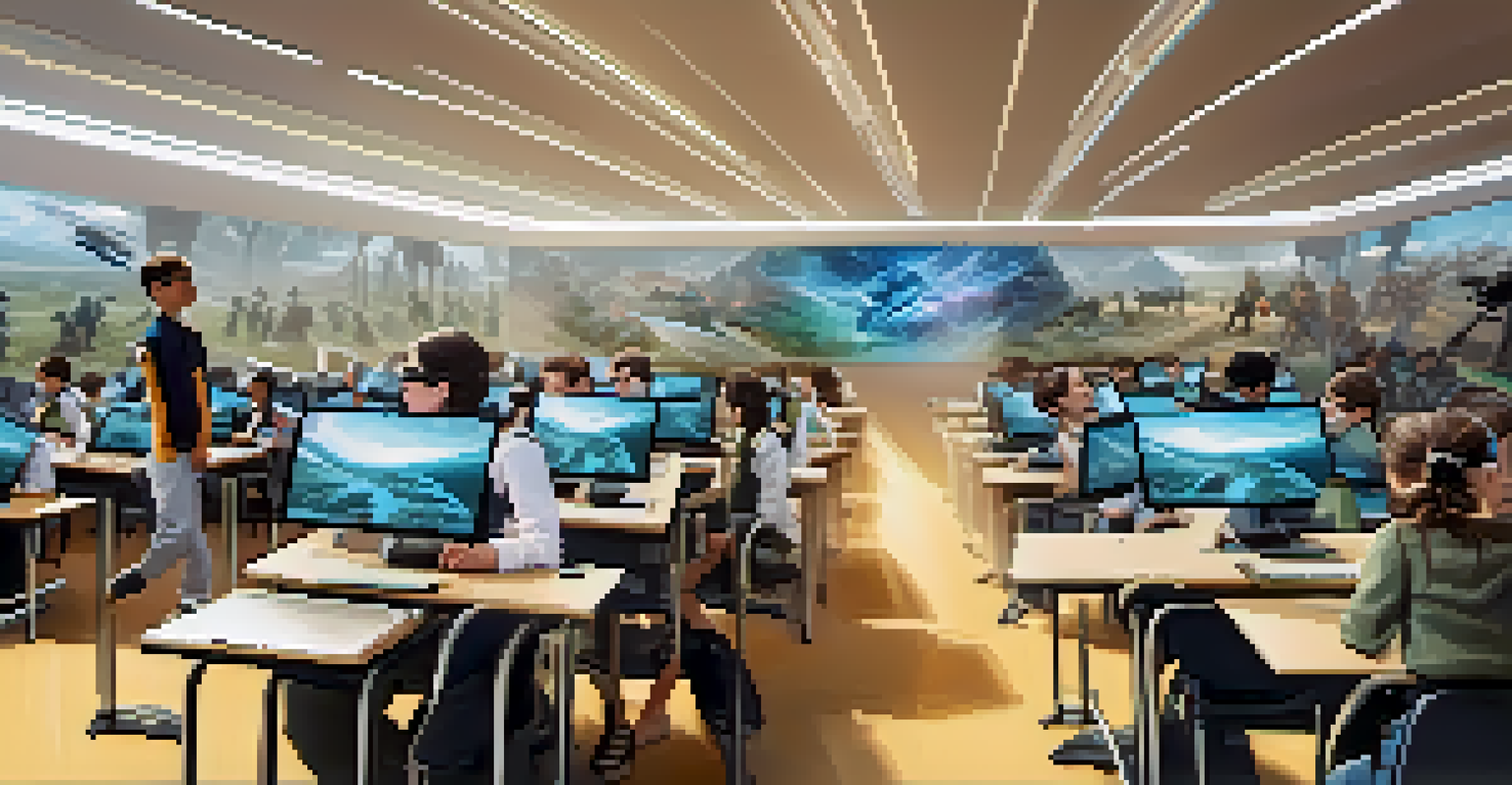 Students in a modern classroom wearing AR glasses, exploring a 3D battlefield from a historical war.