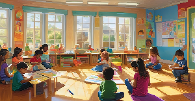 A lively classroom where children are sharing reflections and drawing in journals, surrounded by educational decorations and sunlight.