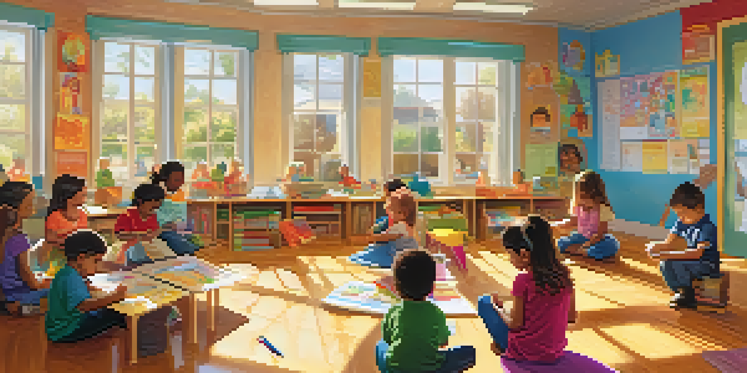 A lively classroom where children are sharing reflections and drawing in journals, surrounded by educational decorations and sunlight.