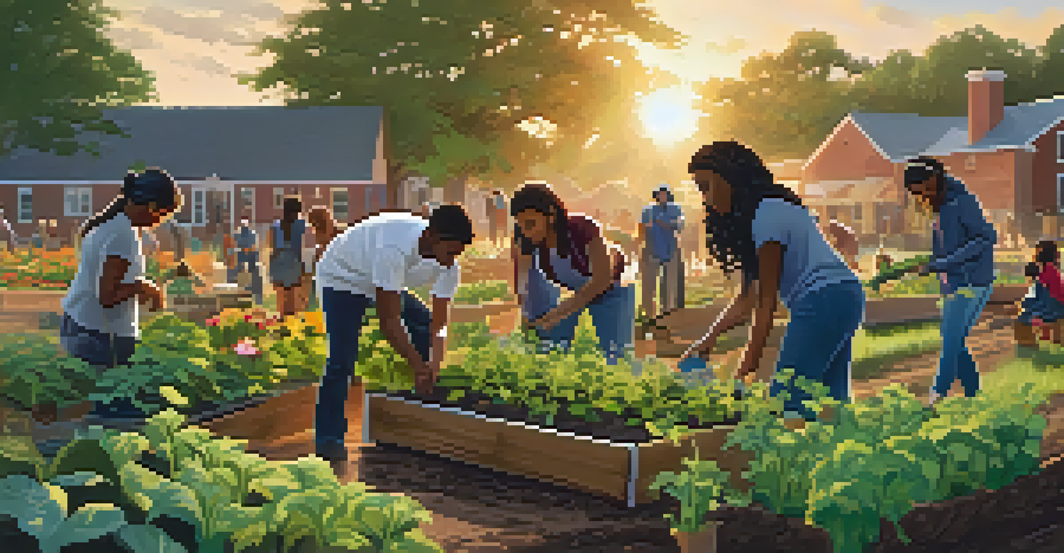 Students of various backgrounds planting a community garden, with vibrant plants and a beautiful sunset in the background.