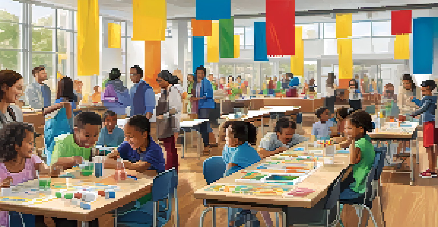 Families engaging in STEM activities at a school event, with colorful kits and banners in a festive atmosphere.