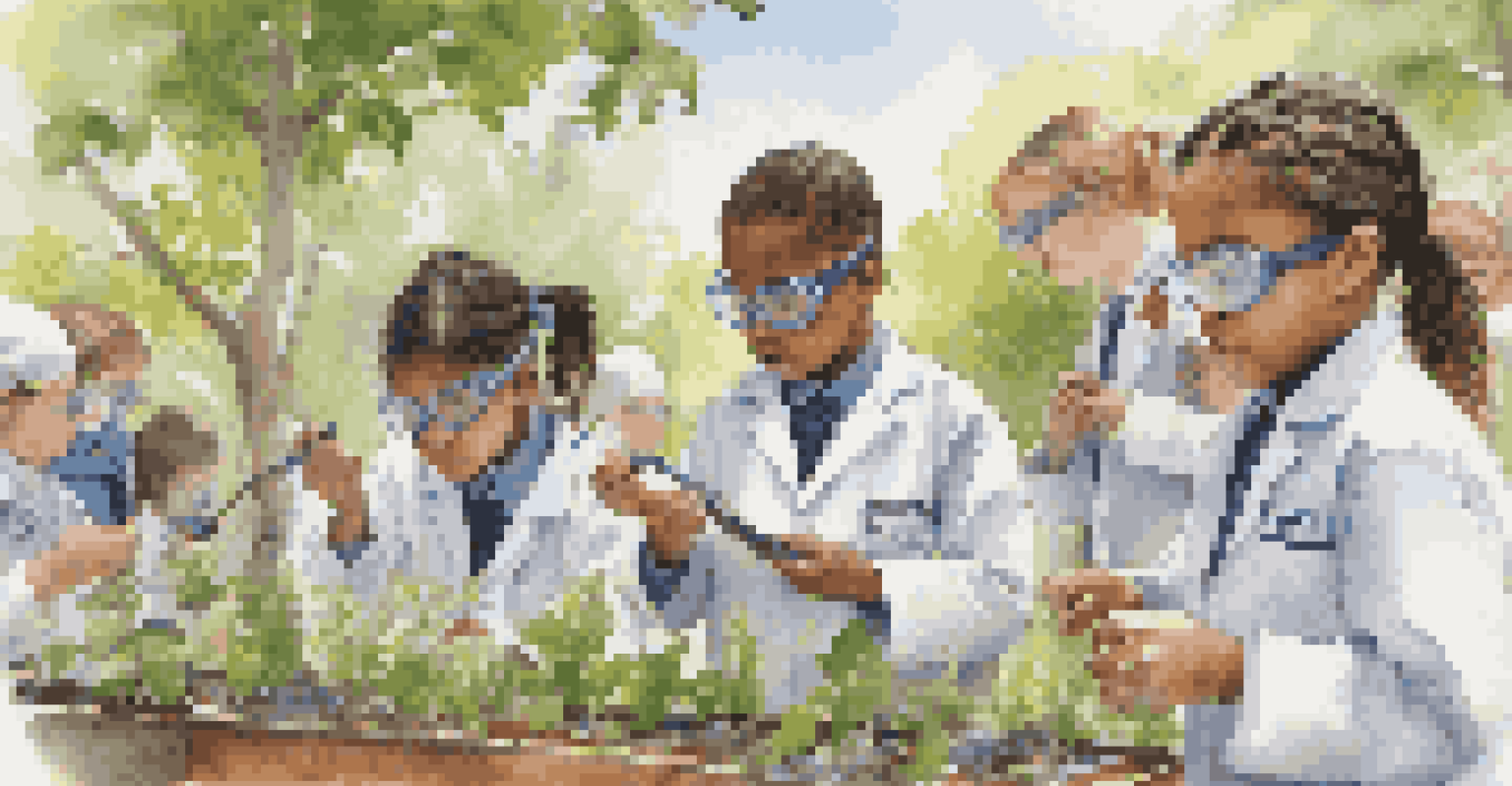 Students conducting a science experiment outdoors, dressed in lab coats and safety goggles, with badges displayed on their clothing.