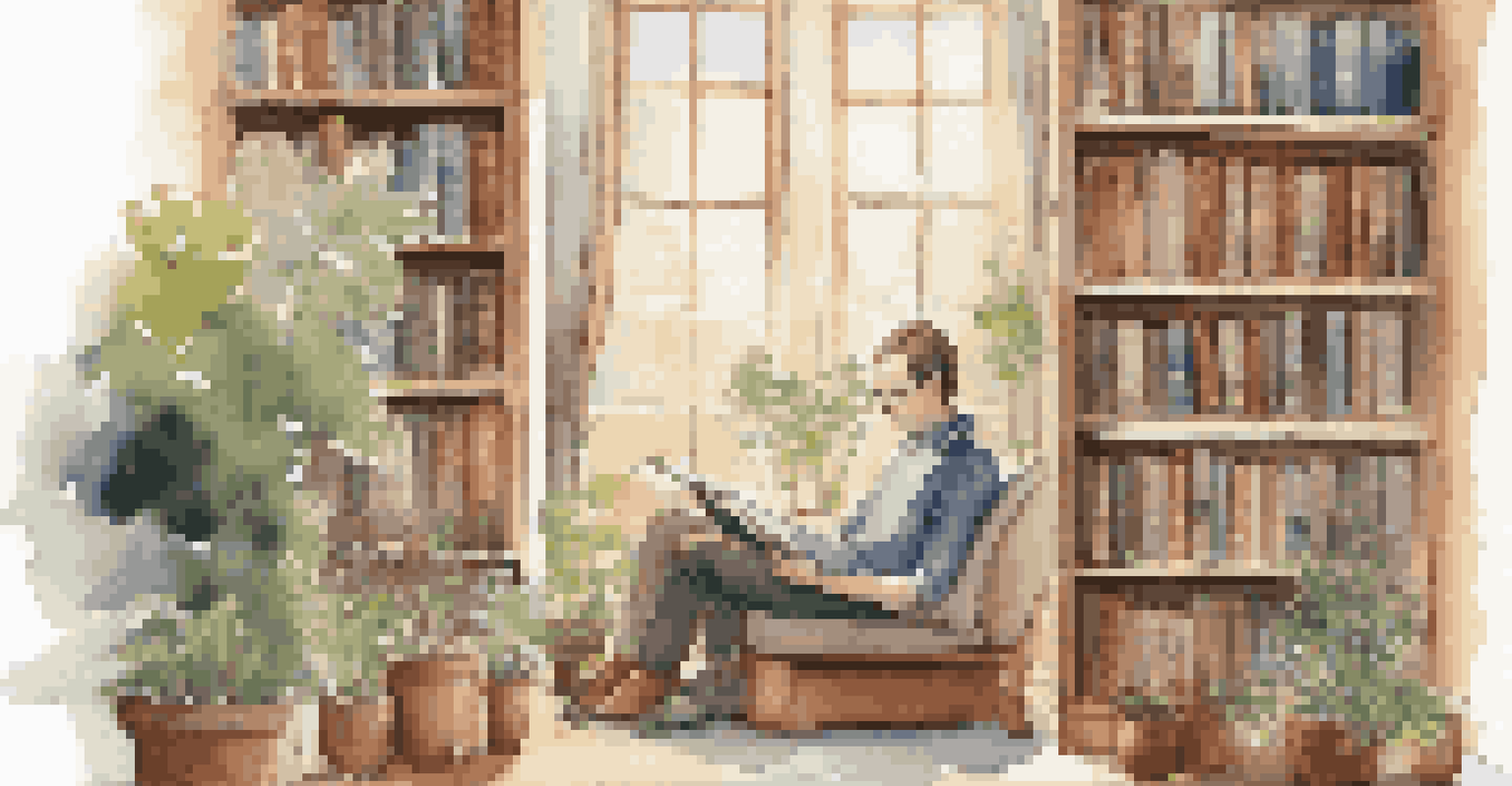 A cozy reading nook with bookshelves and a person reflecting on ethical practices, surrounded by soft lighting and greenery.