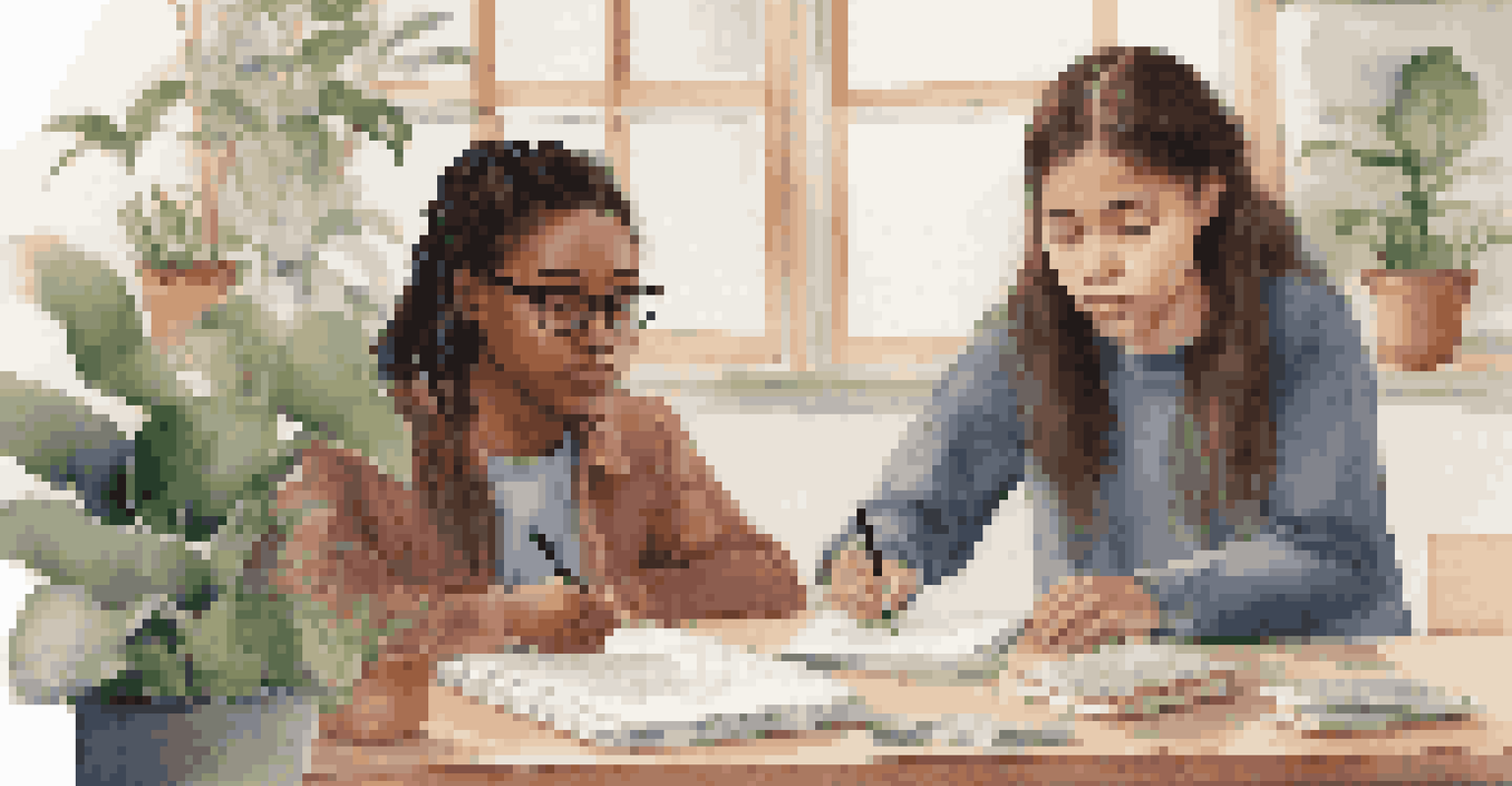Two students closely collaborating on a project, sharing notes and ideas in a cozy study space.