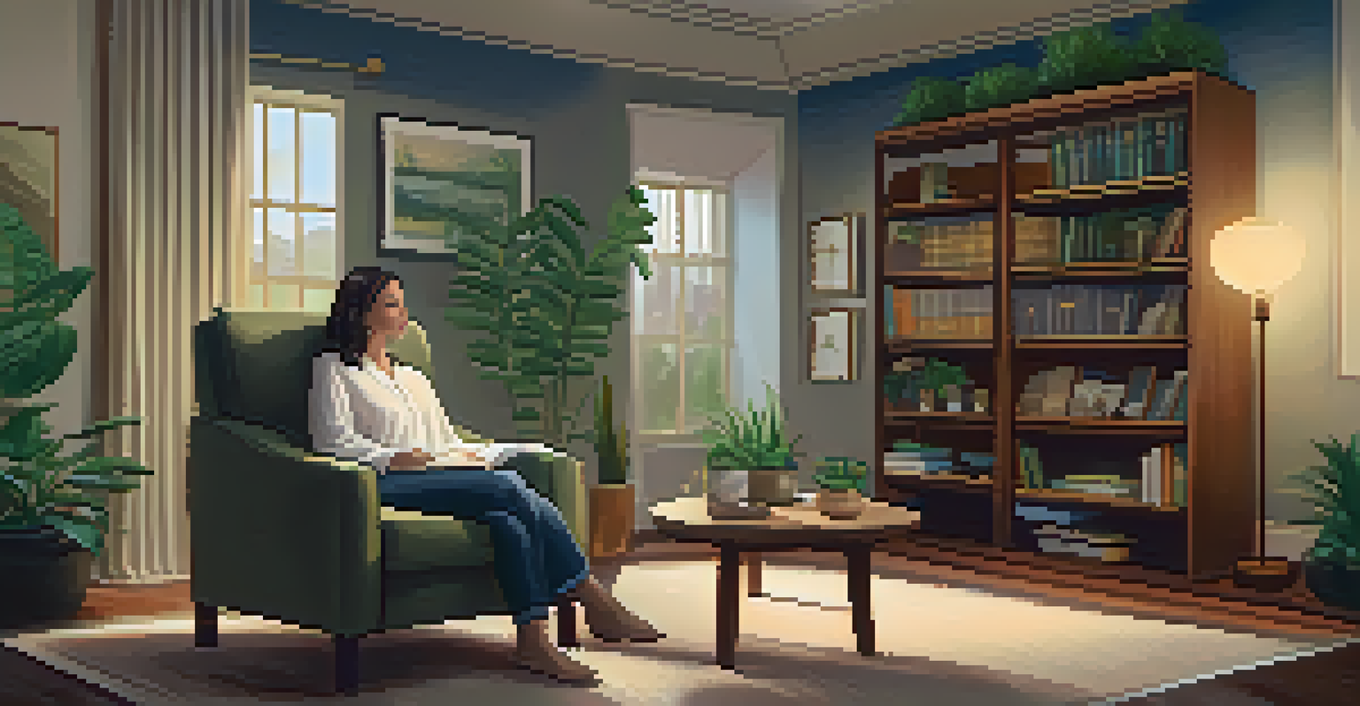 A therapy room with a therapist guiding a client in breathing techniques, warm lighting, and calming decor.
