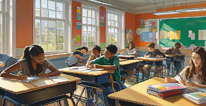 A diverse group of students in a bright classroom, engaging in various assessment activities, with laptops and collaborative tables.