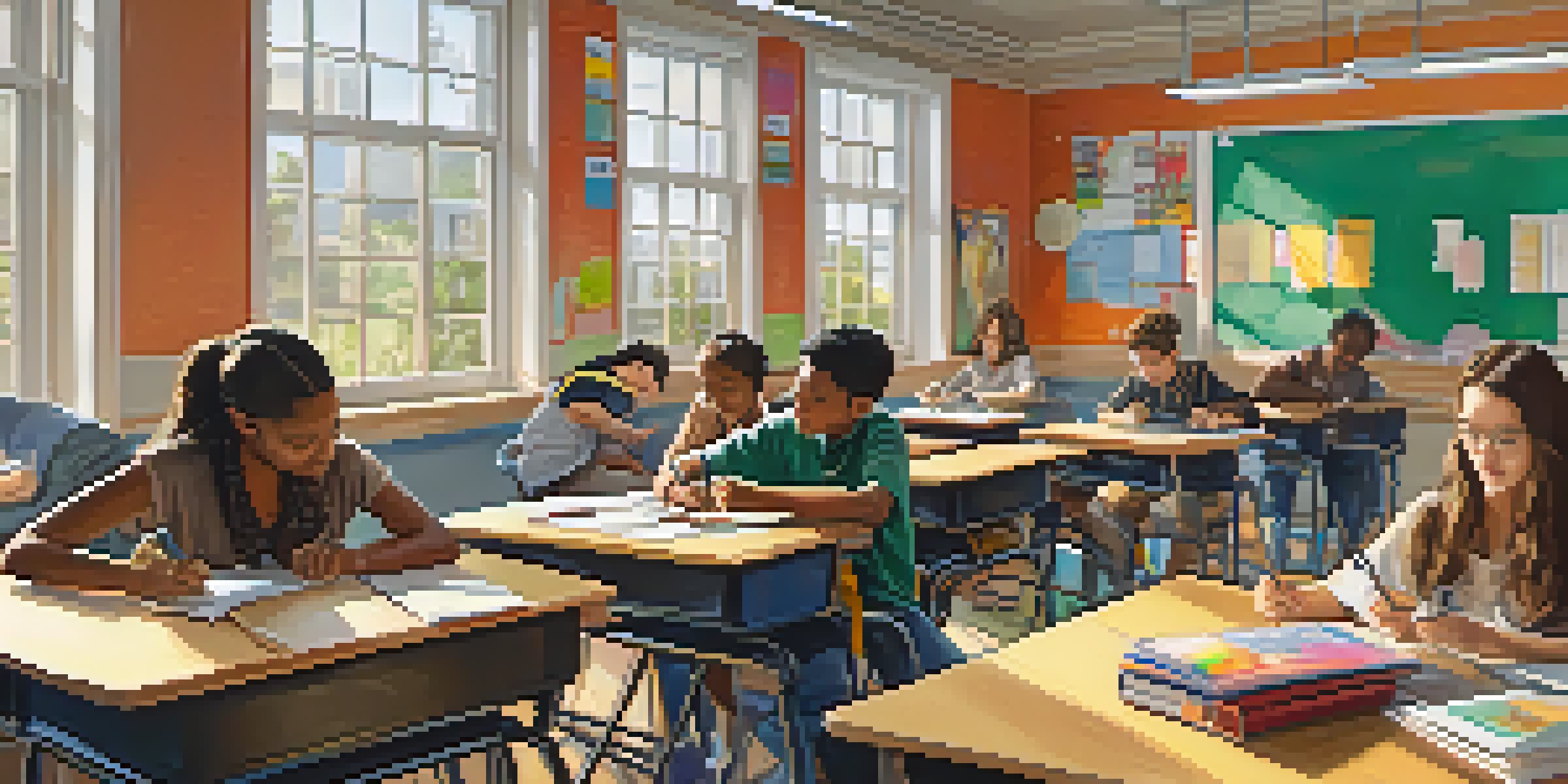 A diverse group of students in a bright classroom, engaging in various assessment activities, with laptops and collaborative tables.