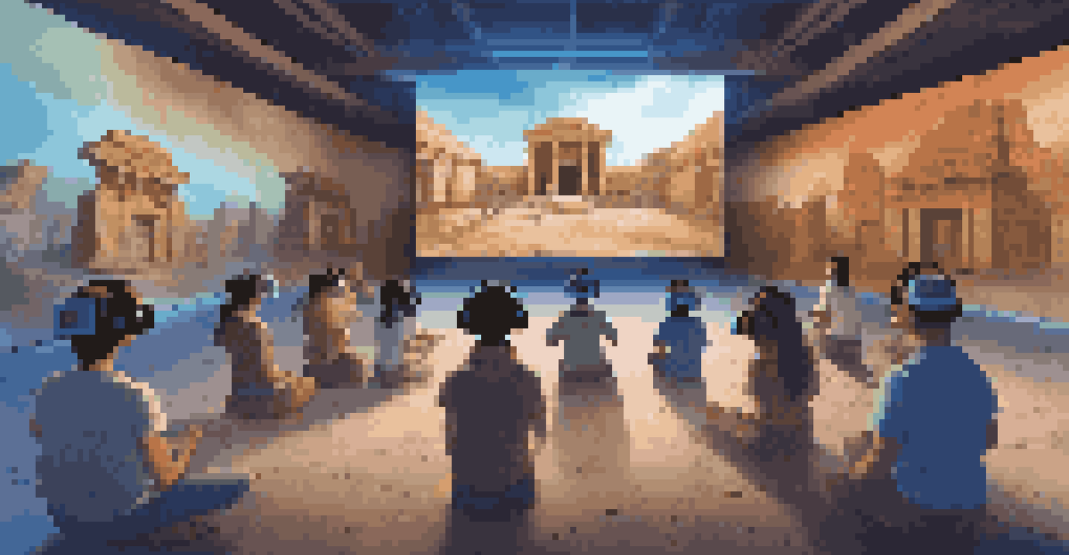 Students wearing VR headsets in a darkened classroom, exploring an ancient civilization in a virtual reality setting, displaying excitement and engagement.