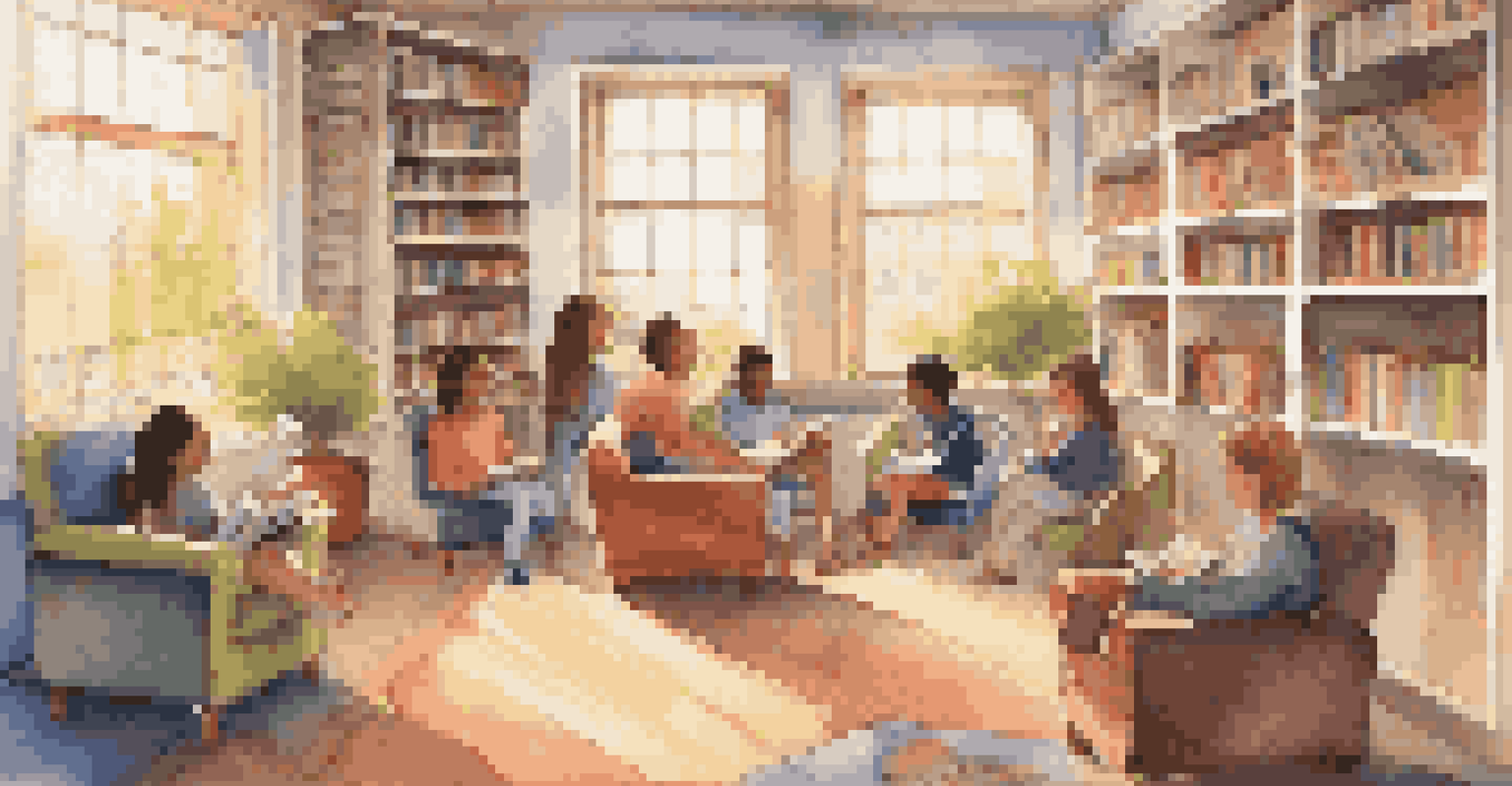 A cozy reading nook in a classroom with students reading and discussing books, surrounded by colorful cushions and bookshelves, under warm sunlight.