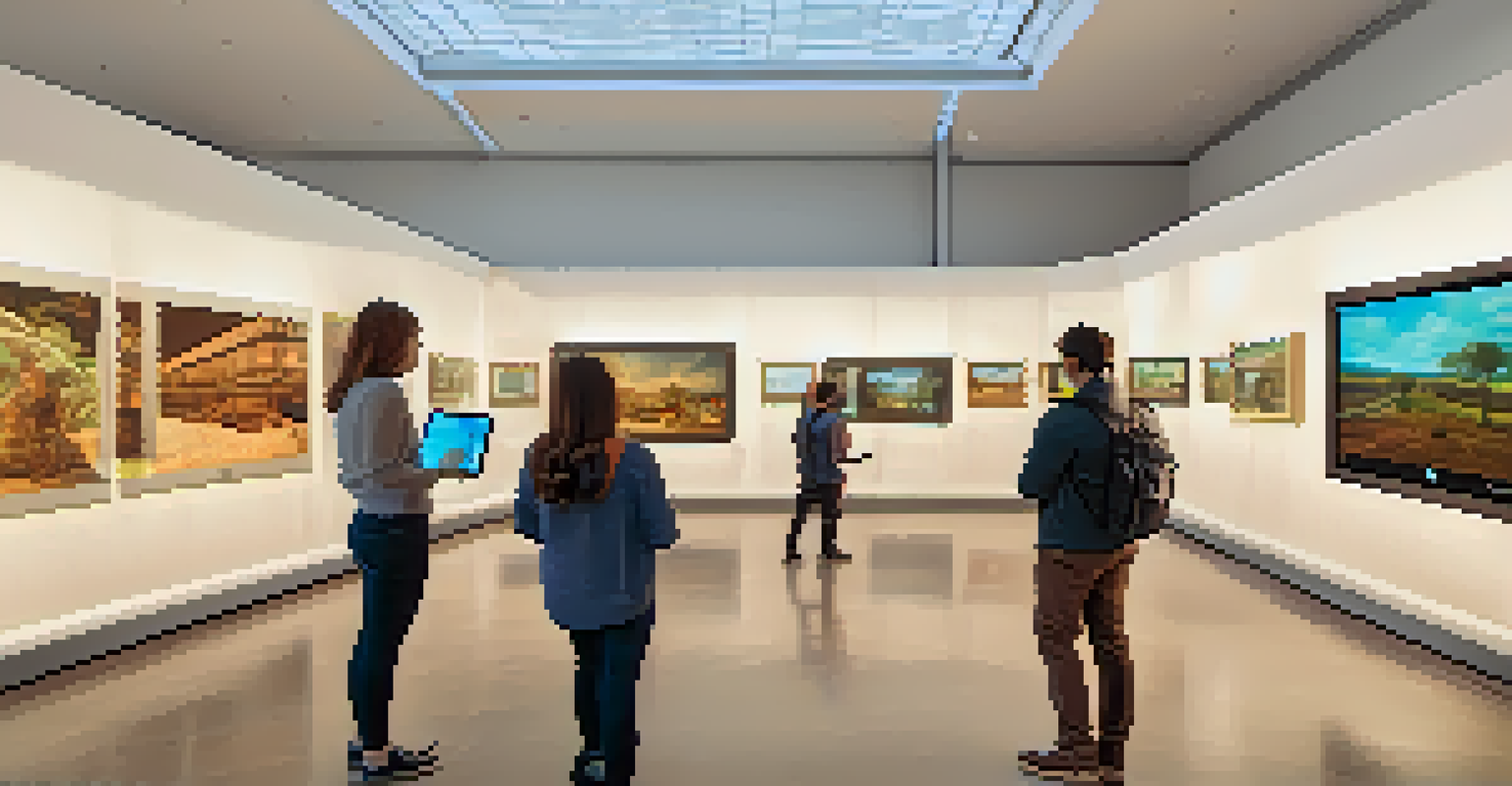 Visitors in a modern museum using tablets to interact with 3D models of historical artifacts, with colorful information overlays displayed above the objects.