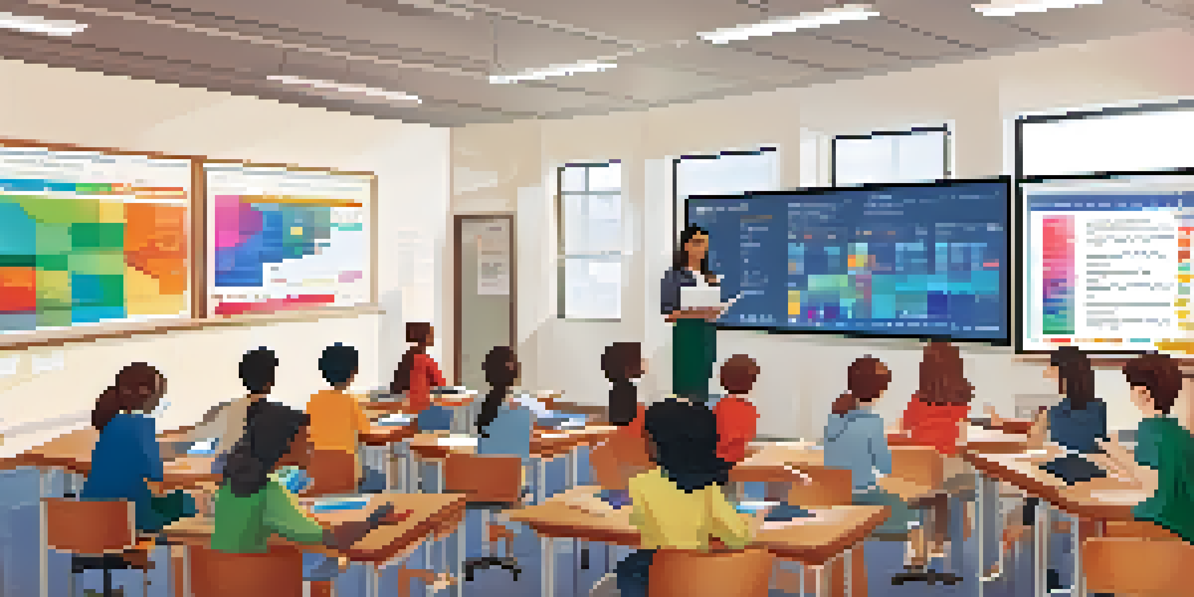 A teacher in a bright classroom analyzing data on a digital screen while students look on with interest.