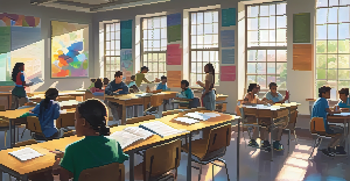 A bright classroom with students working together and a teacher assisting them, filled with natural light and colorful educational materials.