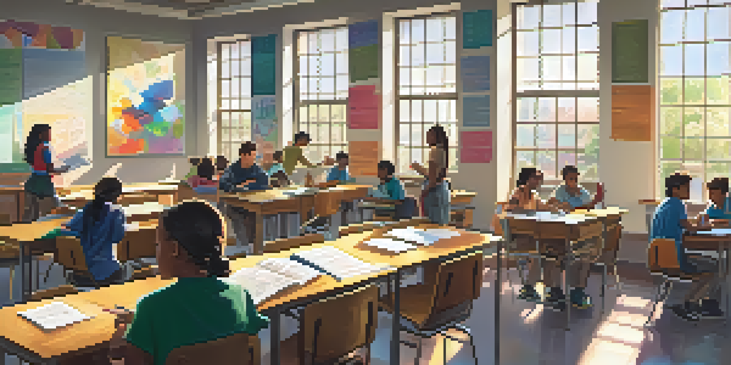 A bright classroom with students working together and a teacher assisting them, filled with natural light and colorful educational materials.