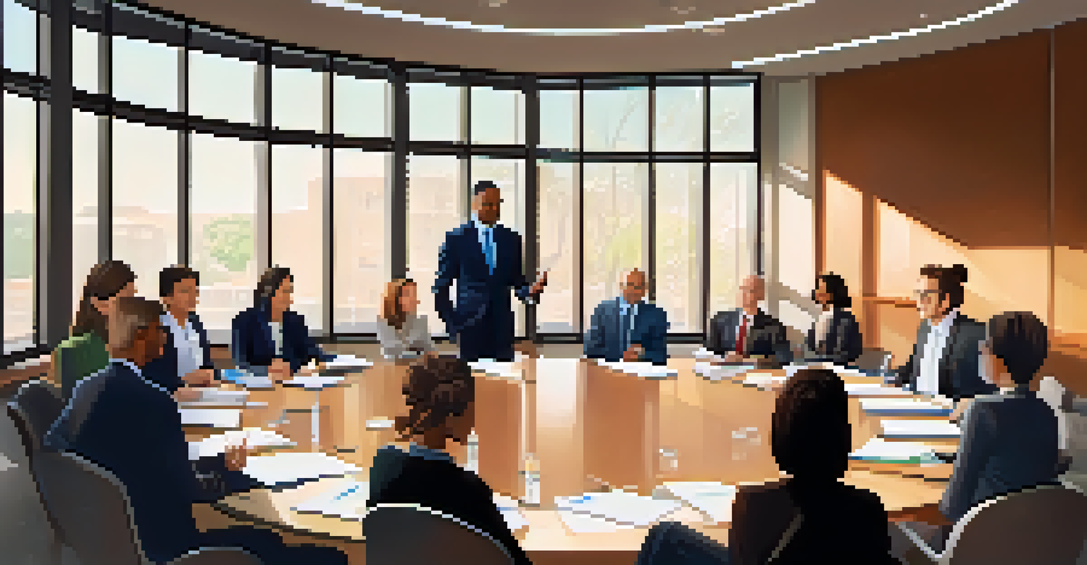 Educational leaders in a conference room discussing AI implementation, surrounded by laptops and notepads.