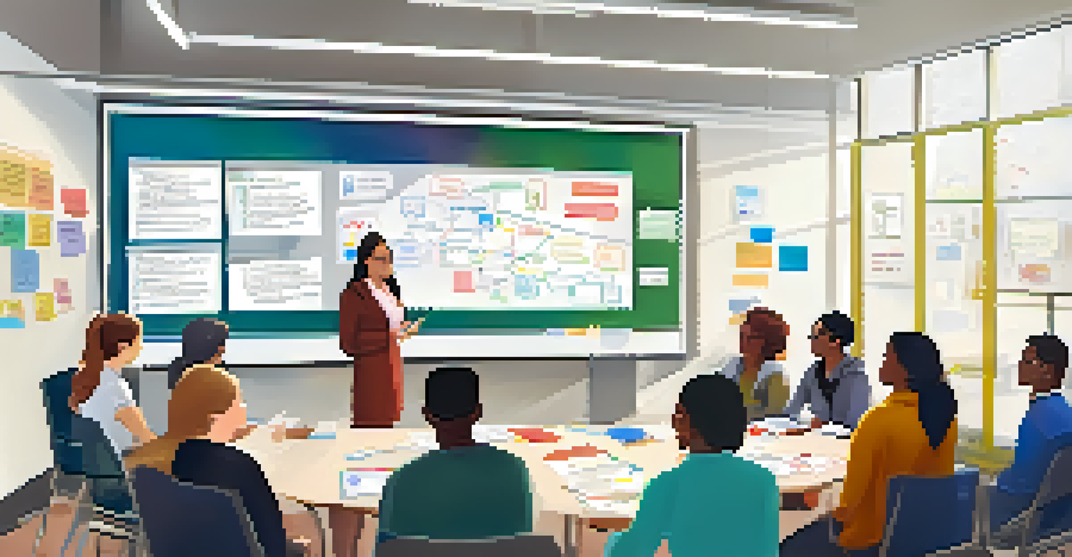 Teachers in a modern meeting room discussing collaboration, with screens displaying ideas and a whiteboard filled with notes.