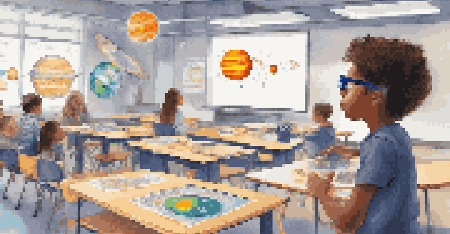 A student using augmented reality glasses to interact with a 3D solar system model in a bright classroom.