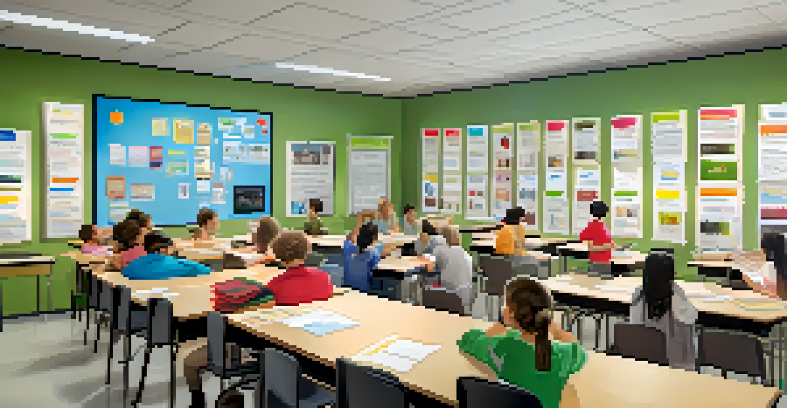 Students in a bright classroom discussing their achievements with micro-credentials and digital badges displayed on the walls.