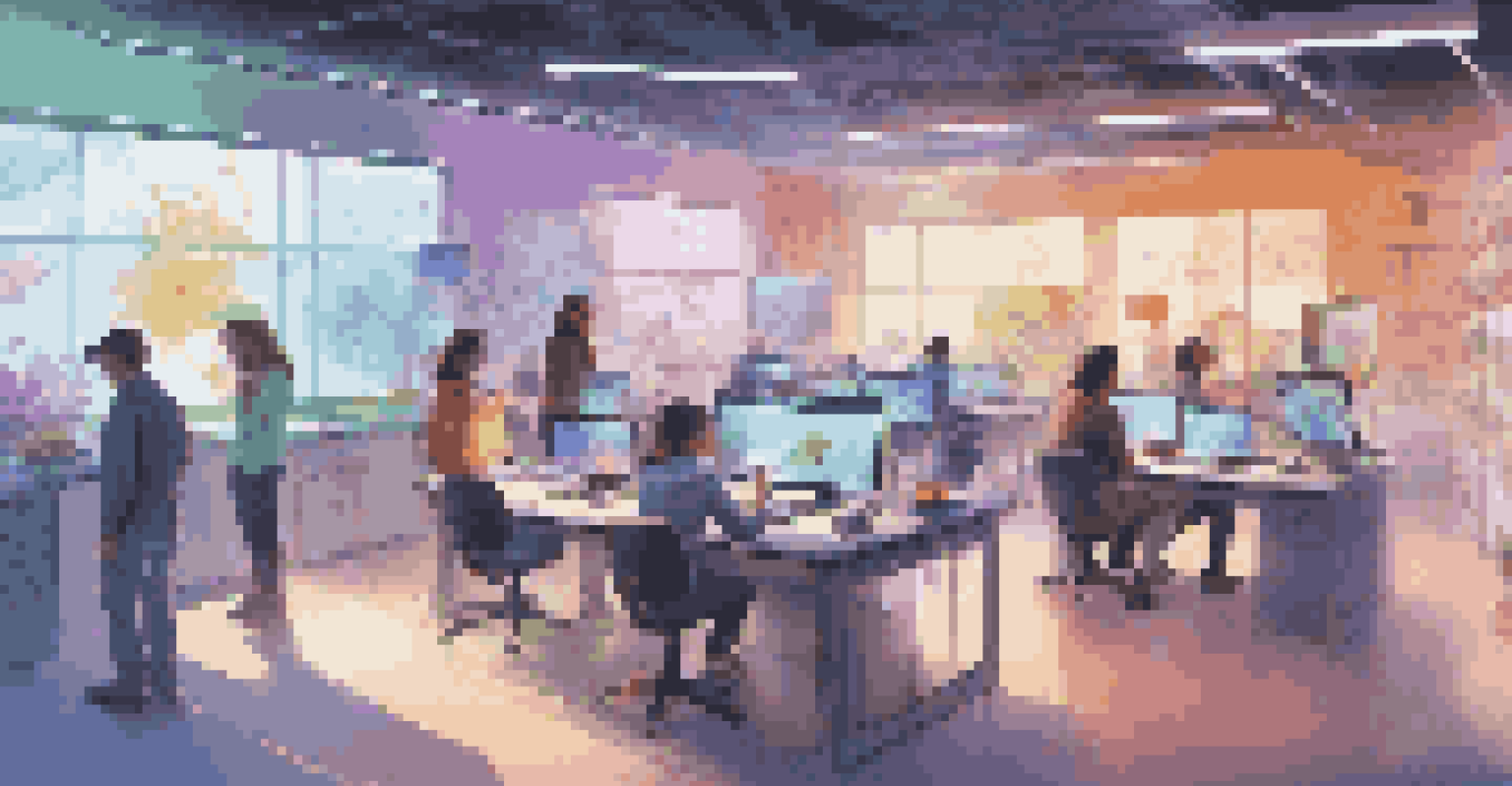 A virtual workspace with students collaborating on a science experiment, surrounded by floating holographic displays and colorful graphics.