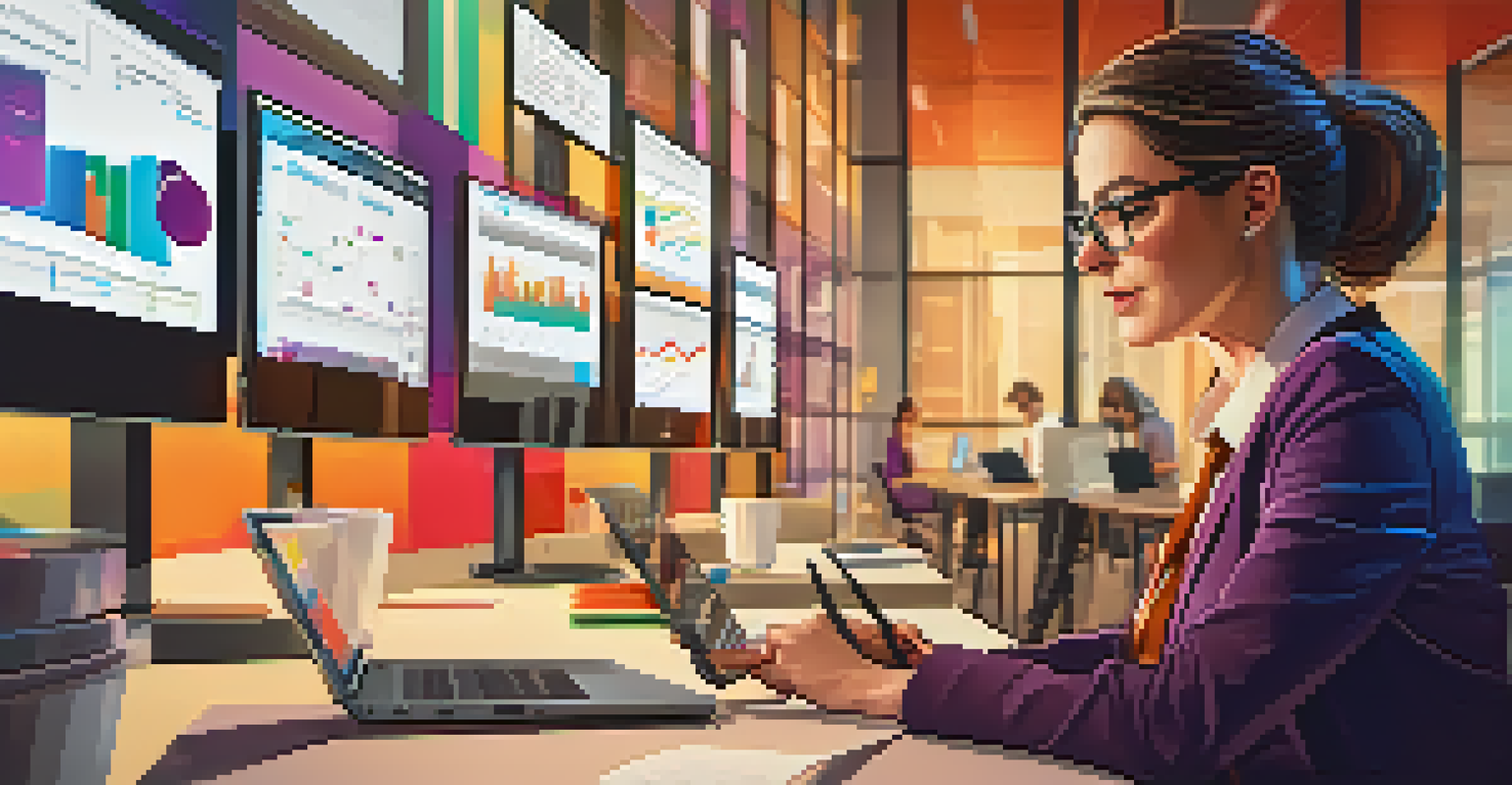 An educator analyzing student performance data on a digital tablet in a modern office with colorful graphs displayed on large screens.
